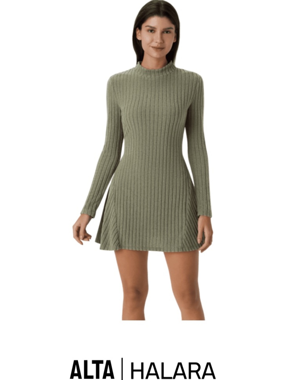 HALARA Olive Green Ribbed Long-Sleeve Mini Dress